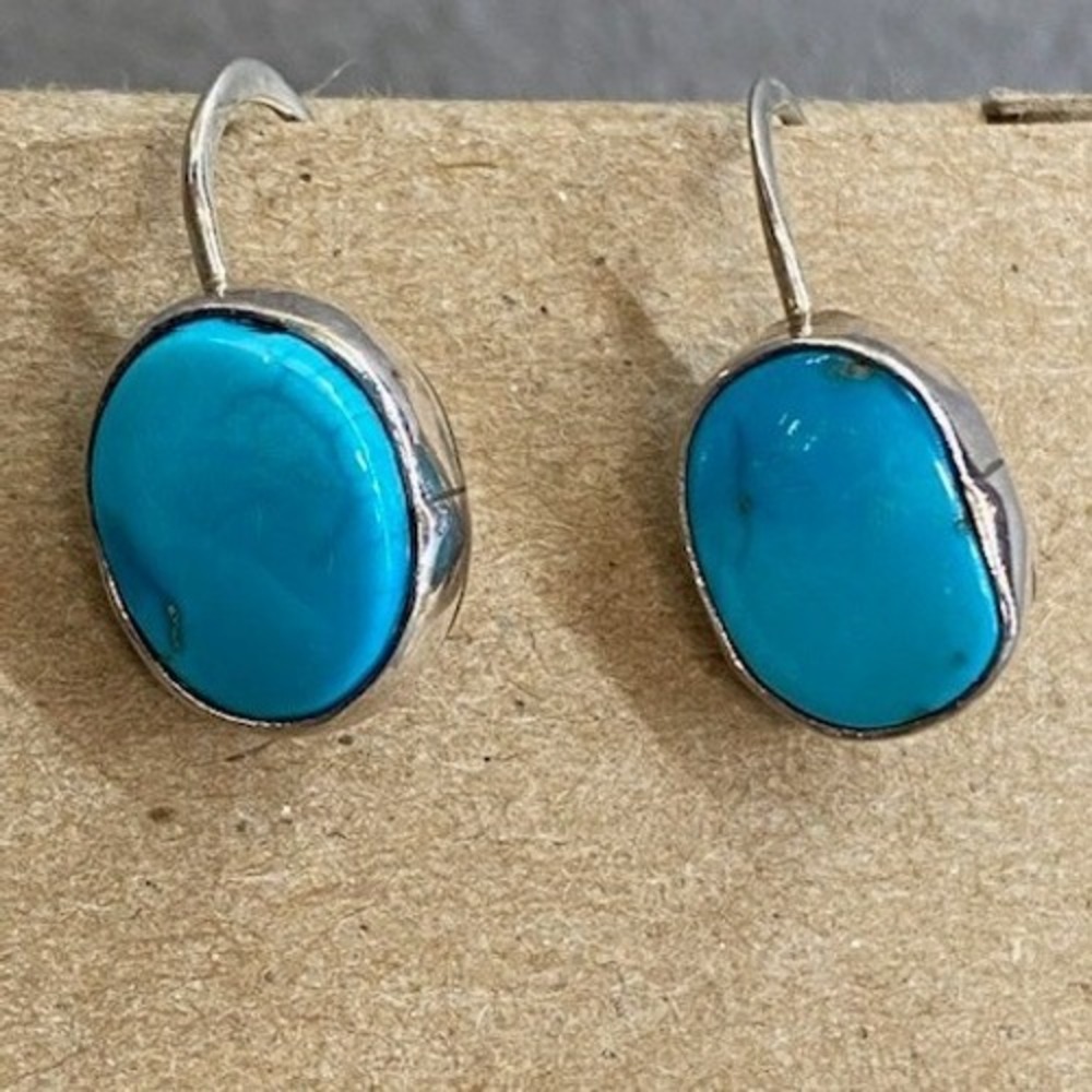 Vintage Sterling Silver Blue Oval Cabochon Drop Earrings Shepherd Hook